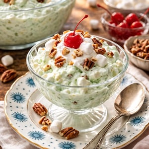 May include: A glass bowl of green dessert, garnished with whipped cream, a red cherry, marshmallows, and pecans. The dessert is on a decorative plate with a silver spoon. Another bowl of the dessert is in the background.