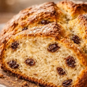 May include: Close-up of a loaf of Irish soda bread, sliced to reveal a light interior dotted with dark raisins. The crust is golden brown and slightly cracked, with a dusting of flour.