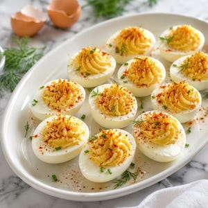 Könnte beinhalten: Ein weißer, ovaler Teller mit einem Dutzend gefüllter Eier, die jeweils halbiert und mit einer gelben Eimischung gefüllt sind. Garniert mit Paprika, Schnittlauch und Dill, sind die Eier auf einer Marmoroberfläche angeordnet, mit Eierschalen und einer Schüssel mit Schnittlauch in der Nähe.