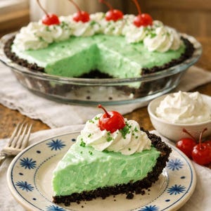 May include: A slice of green pie with whipped cream and a cherry on a plate with a blue floral design. The pie has a chocolate cookie crust. A whole pie and a bowl of whipped cream are in the background.