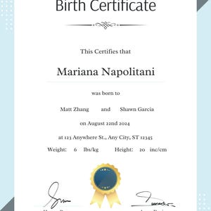 May include: A birth certificate with a white background and a light blue geometric border. The document includes the text "Birth Certificate" and the name "Mariana Napolitani." It also lists the parents' names, birth date, and weight of 2.7 kg and height of 50.8 cm.