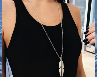 Collar de plumas para mujer, collar largo de suéter, gargantilla de hojas, joyería de regalo