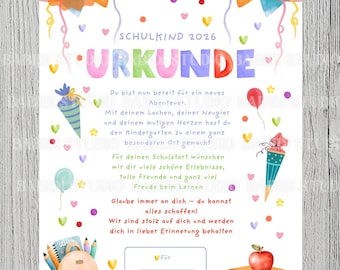Digitaler Download Urkunde Schulkind 2026 – Kindergarten Abschied A4 PDF – Vorschulurkunde Ausdrucken –Einschulung Erinnerung Sofortdownload