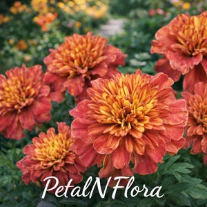 May include: Close-up of vibrant orange and yellow marigold flowers in full bloom. The petals display a gradient of colors, with a bright yellow center and reddish-orange outer petals. The text "PetalNFlora" is visible at the bottom.