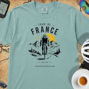 Tour de France Comfort Colors Cycling T-Shirt Vintage Mountain Pass Coffee Stop Club Tee