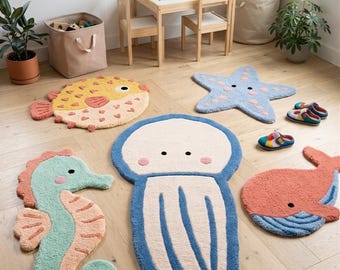Ocean Kids Rugs Tufted Handmade Rug Starfish Whale Seahorse Jellyfish Puffer Fish Nursery Rug Cute Animal Carpet Kids Room Decor