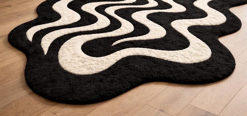 Hand Tufted Abstract Wavy Rug, Black Cream Organic Shape Floor Decor image 4