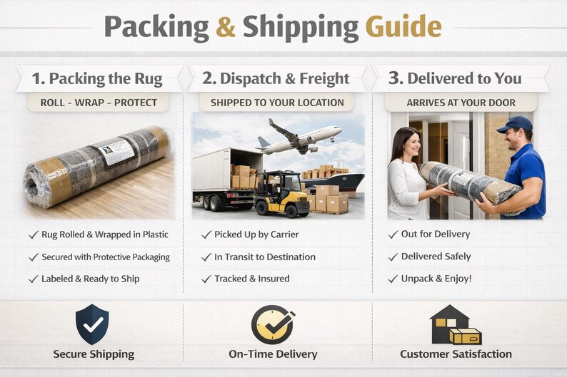 May include: An illustrated guide to packing and shipping a rug. The process includes rolling and wrapping the rug, dispatching via carrier, and delivering it to the customer. The guide also highlights secure shipping, on-time delivery, and customer satisfaction.