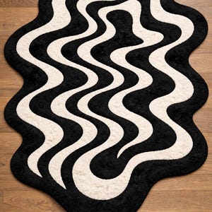 Hand Tufted Abstract Wavy Rug, Black Cream Organic Shape Floor Decor image 2