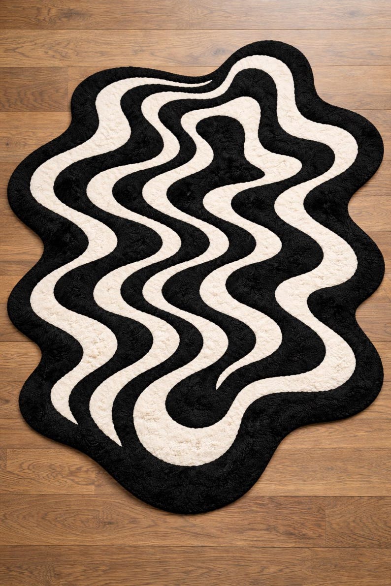 Hand Tufted Abstract Wavy Rug, Black Cream Organic Shape Floor Decor image 2
