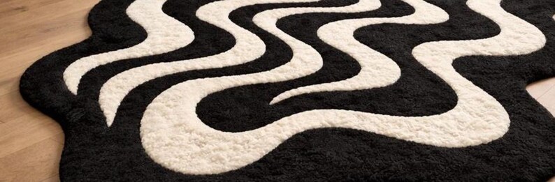 Hand Tufted Abstract Wavy Rug, Black Cream Organic Shape Floor Decor image 5