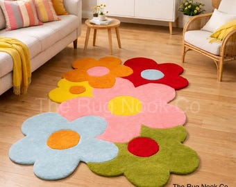 Retro Flower Shaped Rug, Colorful Boho Kids Room Carpet, Modern Daisy Floor Mat