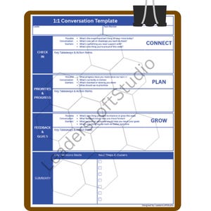 以下が含まれることがあります： 黒いクリップで留められた、1:1会話テンプレートのクリップボード。テンプレートは青と白で、チェックイン、優先事項と進捗状況、フィードバックと目標、概要のセクションがあります。「Connect」、「Plan」、「Grow」の文字が含まれています。