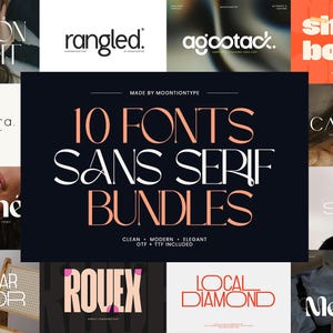 Puede incluir: Una colección de fuentes tipográficas sin serifa. La imagen central muestra "10 FONTS SANS SERIF BUNDLES" en blanco y coral. Las imágenes circundantes muestran diferentes estilos de fuente, incluyendo "Rangled" y "Rouex", para diseño gráfico.
