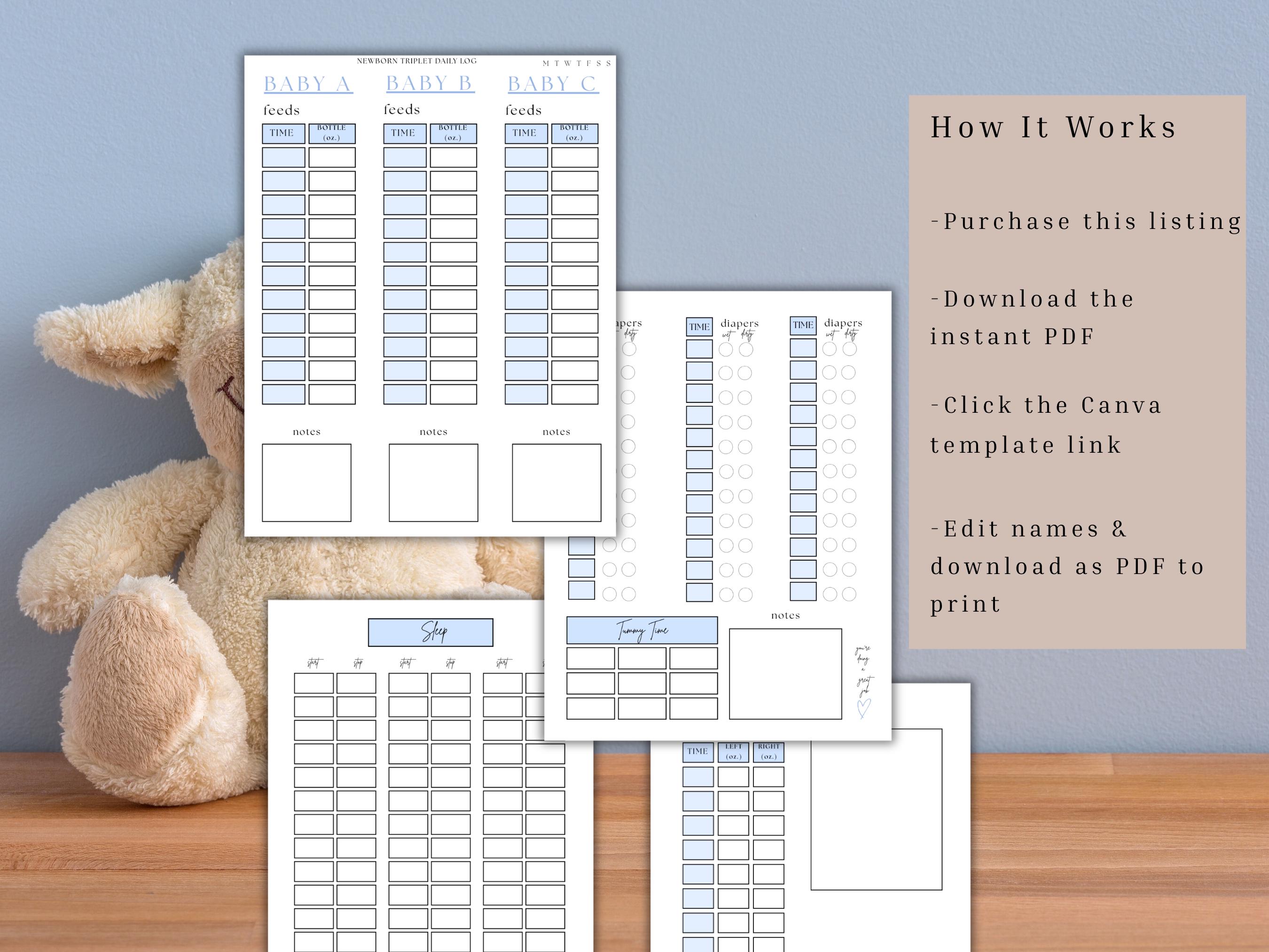 Triplet Baby Daily Tracker Printable, Newborn Triplet Feeding Log ...