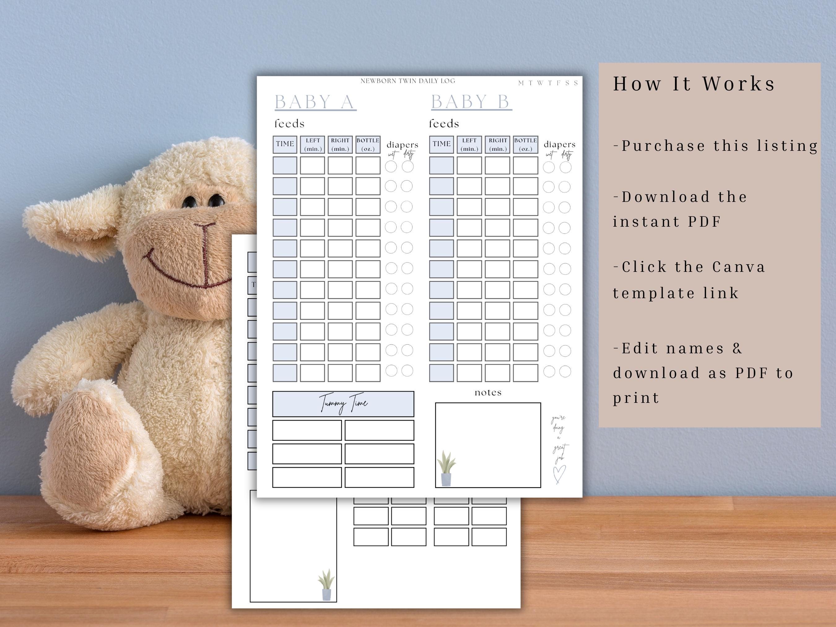 Twin Baby Daily Tracker Printable, Newborn Twin Feeding Log, Twin Baby ...