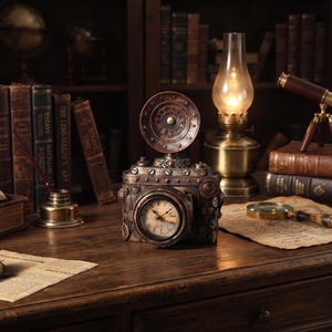 Steampunk Resin Train & Camera Desk Clock | Vintage Industrial Locomotive Decor | Retro Mechanical Table Ornament Gift for Photographer Men