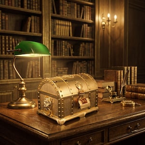 May include: A gold-toned metal chest with a domed lid, featuring lion head side handles, decorative studs, and a front combination lock. The chest sits on a wooden desk next to a green banker lamp, an inkwell with a quill, and a pocket watch.
