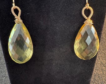Pendientes colgantes de briolette de cuarzo limón