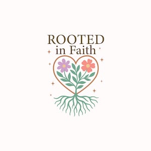 Puede incluir: Un dise&ntilde;o de logotipo con un marco en forma de coraz&oacute;n, un &aacute;rbol y ra&iacute;ces. El &aacute;rbol tiene dos flores, una morada y otra naranja. El texto "ROOTED in Faith" est&aacute; encima del coraz&oacute;n, con estrellas.