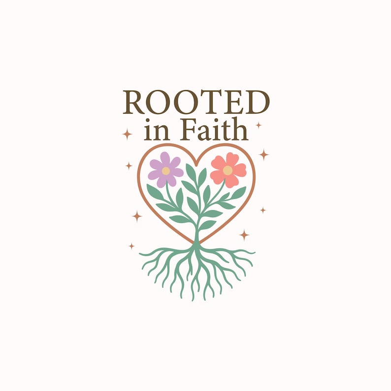Puede incluir: Un dise&ntilde;o de logotipo con un marco en forma de coraz&oacute;n, un &aacute;rbol y ra&iacute;ces. El &aacute;rbol tiene dos flores, una morada y otra naranja. El texto "ROOTED in Faith" est&aacute; encima del coraz&oacute;n, con estrellas.