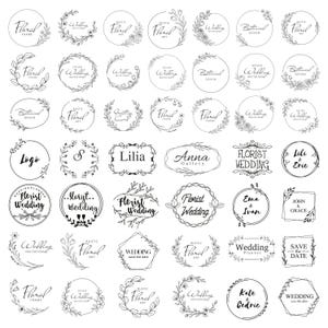May include: A selection of black and white floral and botanical designs. The image features circular frames, wreaths, and geometric shapes with text including "Floral Frame," "Wedding Invitation," and "Save the Date."