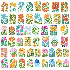 以下が含まれることがあります： 様々な形のカラフルな花のイラストのコレクション。オレンジ、黄色、ピンク、青、緑の色合いの花がデザインされており、「Sunshine」と「Happy」の文字が含まれているものもあります。アートワークは白い背景に配置されています。