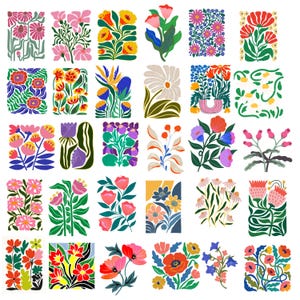 May include: A collection of thirty distinct rectangular illustrations featuring various floral arrangements and botanical patterns in a vibrant color palette including shades of red, pink, yellow, blue, purple, orange, and green on a white background.
