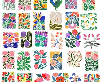 SVG PNG Floral Clipart Bundle | Colorful Botanical Flowers | Scandinavian Folk Art | Mid Century Modern | Boho | Digital Download