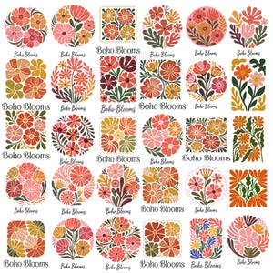 Puede incluir: Una colección de diseños florales en varias formas, incluyendo círculos y cuadrados. Los diseños presentan flores en tonos rosa, naranja y amarillo, con el texto "Boho Blooms" debajo. El tema general es bohemio y floral.