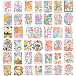 Peut inclure: Une collection de motifs floraux colorés avec des citations inspirantes. Les motifs présentent diverses illustrations de fleurs dans des tons orange, rose, violet et vert, avec des phrases comme "Love", "Bloom" et "Be Salty".