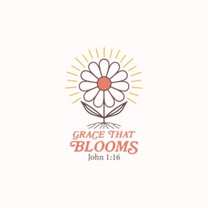Puede incluir: Ilustraci&oacute;n de una margarita con centro melocot&oacute;n y p&eacute;talos blancos, rodeada de rayos de sol amarillos. El texto "GRACE THAT BLOOMS" en escritura melocot&oacute;n est&aacute; debajo, con "John 1:16".