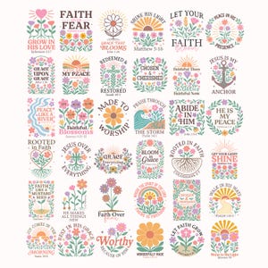 以下が含まれることがあります： インスピレーションを与える引用句が入った花のコレクション。各デザインは、花、太陽、そして「Faith Over Fear」や「Jesus is My Anchor」などのテキストが特徴です。パステルピンク、オレンジ、グリーンなどの色使いです。
