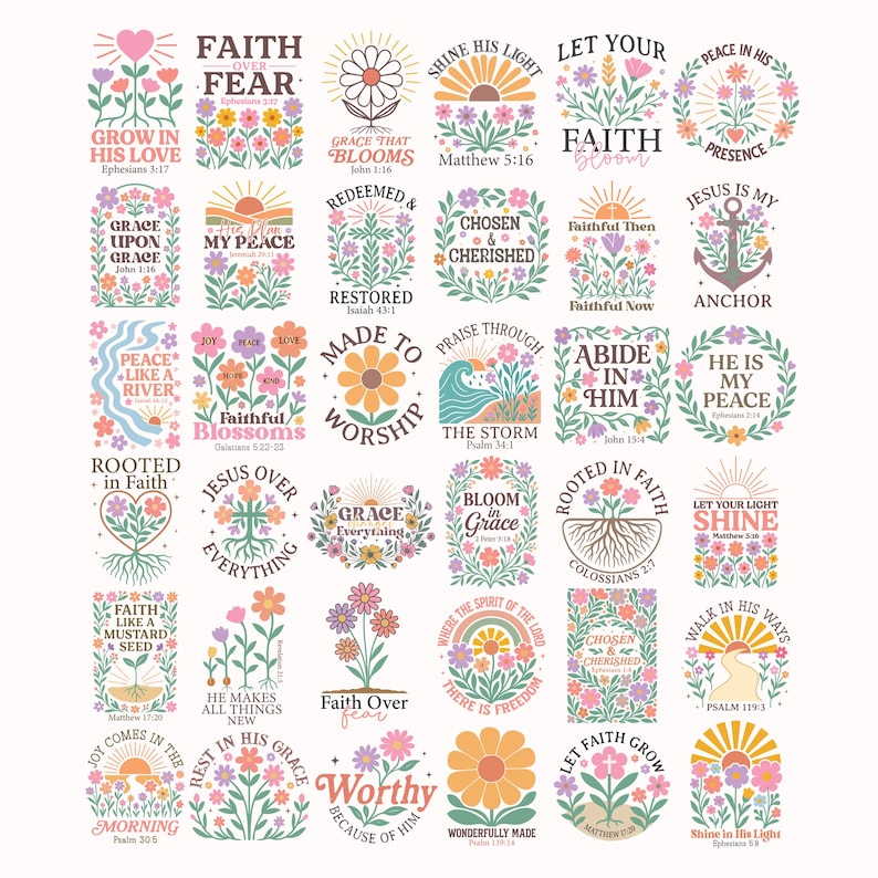 Puede incluir: Una colecci&oacute;n de dise&ntilde;os florales con citas inspiradoras. Cada dise&ntilde;o presenta flores, soles y texto como "Faith Over Fear" y "Jesus is My Anchor". La paleta de colores incluye rosas, naranjas y verdes pastel.