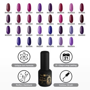 May include: A selection of gel nail polish bottles in shades of purple, violet, and burgundy. The image features a bottle of polish and icons indicating a unique gel formula, perfect manicure, 21+ days long lasting, and contour brush.