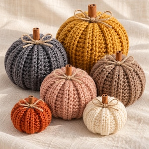 May include: A collection of six decorative pumpkins crafted from knit fabric in various colors including mustard yellow, charcoal gray, dusty pink, brown, burnt orange, and cream, each topped with a cinnamon stick stem and a tied twine bow.