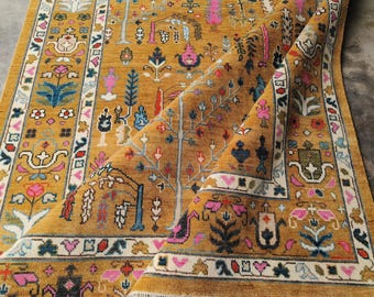Hand Knotted Wool Rug Luxury Golden Mustard Oushak Rug Saffron Settee Floral Palmette Ivory Border Carpet Bespoke Grand Salon Floor Art rug