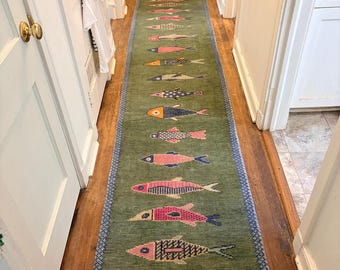 Handknotted Fish design Runner Rug - Blue - Green color Contemporary Style Wool Runner Rug - Hallway Runner - Kitchen runner - Boho runner