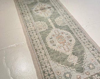 Vintage Hand Knotted Runner Rug 5x8 to 10x14, Sage Green Persian Style Area Rug, Distressed Oriental Carpet, Floral Medallion Hallway Decor