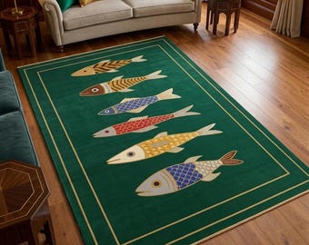 Hand Tufted Fish Rug Green Mediterranean Area Carpet Luxury Vintage Nautical Kids Decor