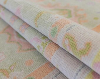 Pastel Hand Knotted Oushak Rug, Muted Green Pink Yellow Wool Area Rug, Vintage Style Turkish Carpet for Nursery or Bedroom, Boho Decor