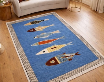 Hand Knotted Fish Wool Rug Blue Mediterranean Area Carpet Vintage Nautical Coastal Decor