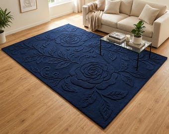 Navy Blue Floral Tufted Rug, Embossed Rose Area Rug, Elegant Botanical Carpet, Luxury Living Room Rug, Modern Floral Home Decor