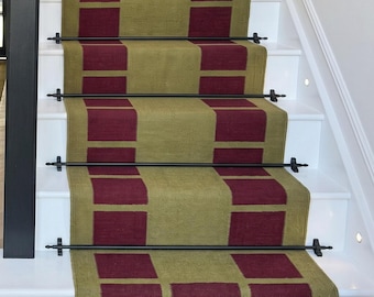 Olive and Burgundy Handwoven Scandinavian Modern Minimalist Design. Chic Nordic Border Wool Runner.