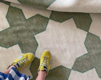 Hand Knotted Moroccan Rug, Geometric Star Pattern, Sage Green Ivory Wool Carpet