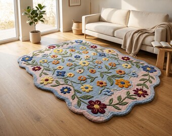 Floral Tufted Rug, Colorful Flower Area Rug, Scalloped Shaped Carpet, Cottagecore Botanical Rug, Pastel Living Room Decor