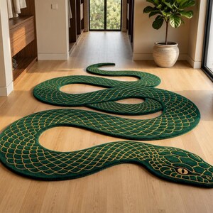 May include: A large, floor-covering rug shaped like a coiled snake. The rug features a deep green color with a detailed, golden-yellow scale pattern across its entire surface. The snake head is clearly defined with a yellow eye and dark pupil.