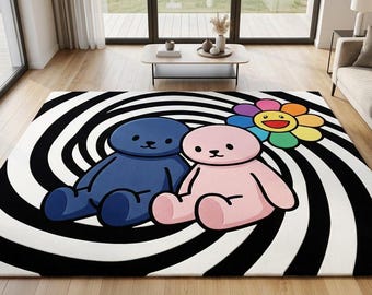 Hand Tufted Pop Art Area Rug, KAWS and Murakami Inspired Hypebeast Carpet with Black and White Spiral Background, Custom Size Room Decor