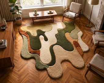 Irregular Moss Green Rug Handtufted Biomorphic Melt Shape Carpet Mid Century Modern Organic Mat