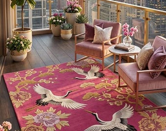 Luxury Japanese Crane Wool Rug Vibrant Pink Chinoiserie Peony Floral Carpet Living Room